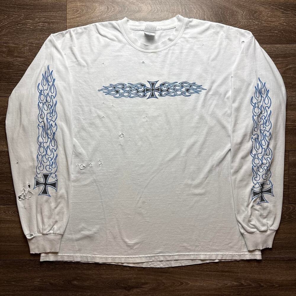 Vintage White Thrashed Out Distressed Choppers Graphic Long Sleeve Shirt